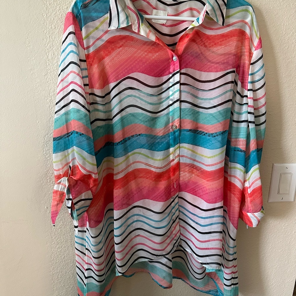 Chicos womens Bright Multi-Color Striped Button-Up Tunic Top size XL/ NWOTB160